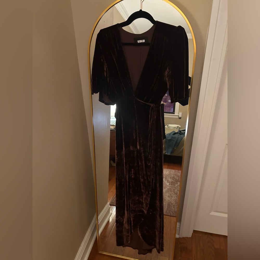 The Reformation brown velvet wrap dress